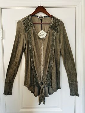 Knox Rose Olive Tie Front Boho Lightweight Long Sleeve Top Earthy Chic Large